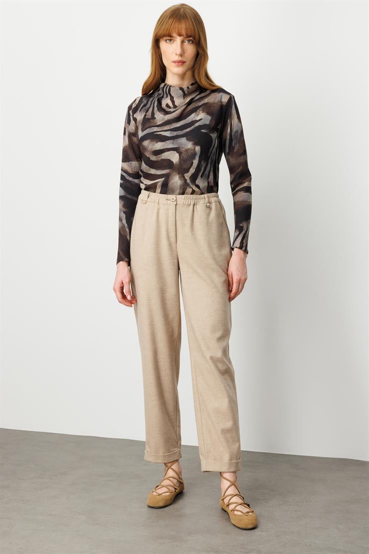 Modailgi  Beli Lastikli Duble Paça Yüksek Bel Havuç Paça Pantolon  - 70047 Vizon