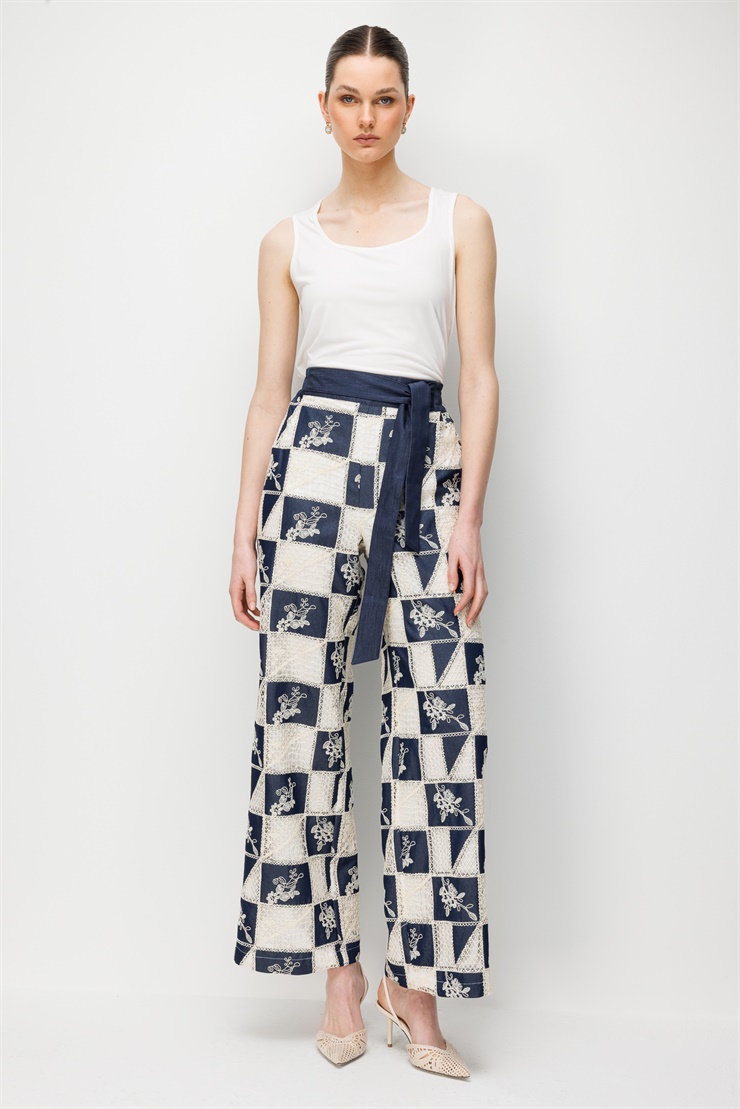 Modailgi  Beli Lastikli Kuşaklı Nakışlı Denim Kumaş Pantolon Lacivert