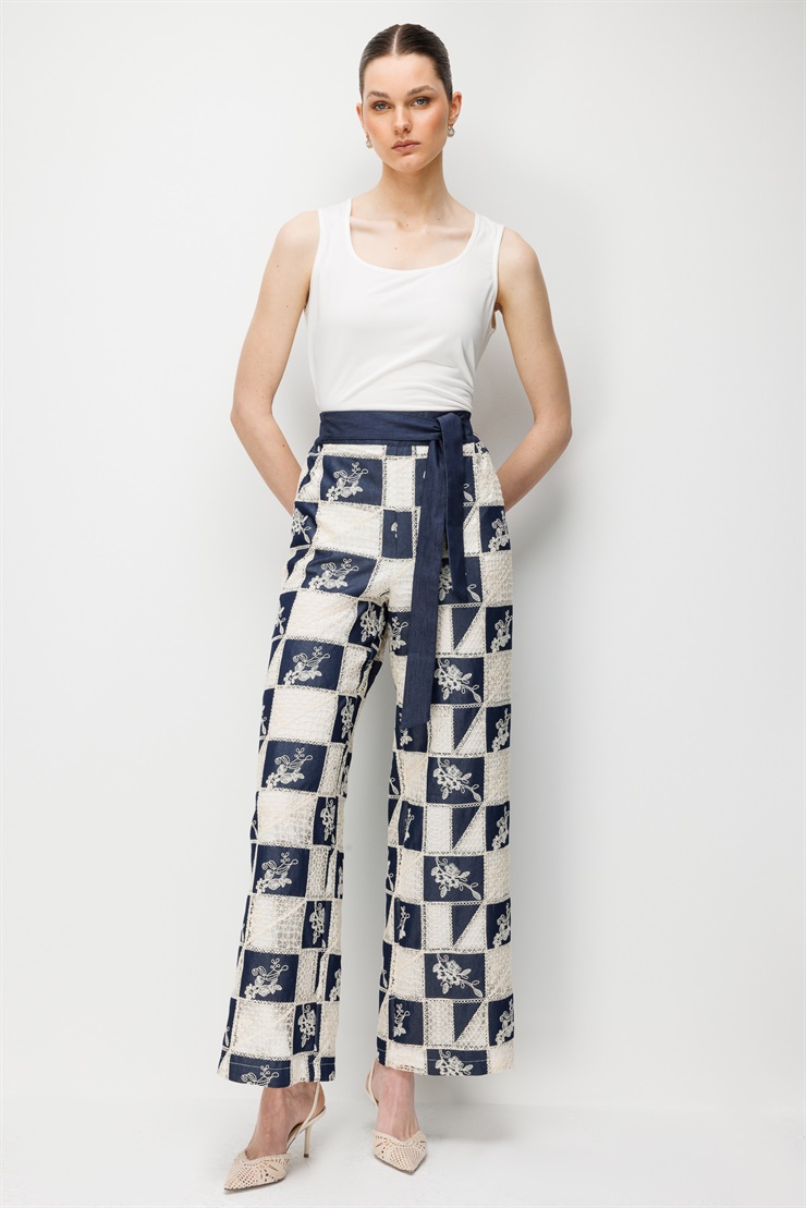 Modailgi  Beli Lastikli Kuşaklı Nakışlı Denim Kumaş Pantolon Lacivert