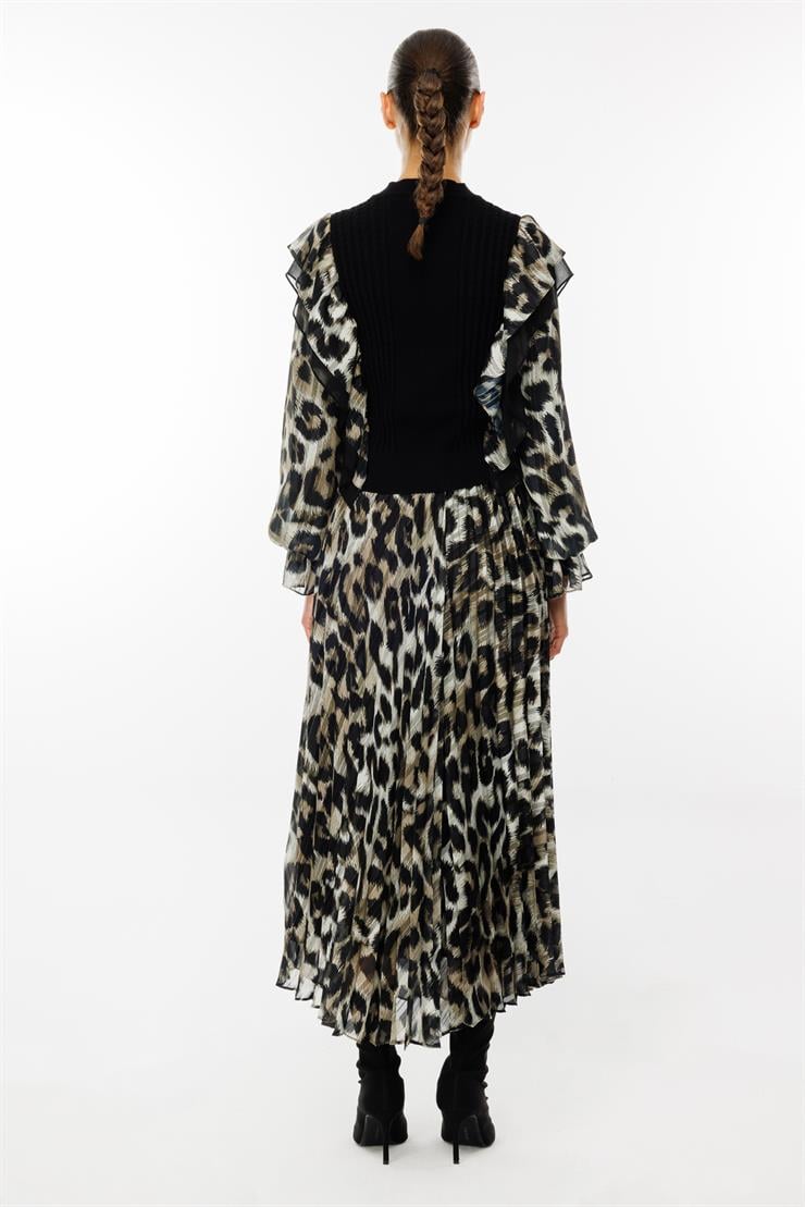 Modailgi  Beli Lastikli Leopar Desenli Plisoley Etek - 1020 Haki