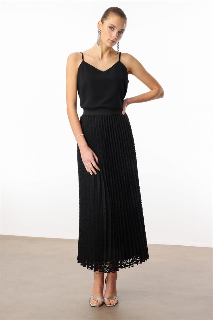 Modailgi  Beli Lastikli Plisoley Desenli Uzun Etek Siyah