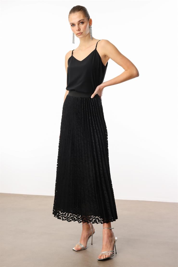 Modailgi  Beli Lastikli Plisoley Desenli Uzun Etek Siyah