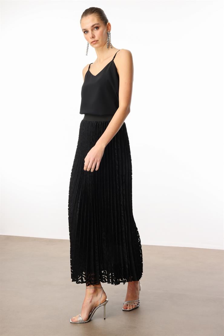 Modailgi  Beli Lastikli Plisoley Desenli Uzun Etek Siyah