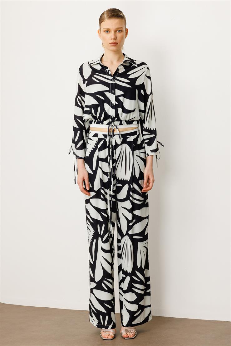 Modailgi  Beli Lastikli Şerit Detaylı Bağlamalı Bol Pantolon - 10065 Siyah