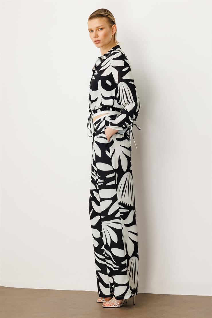 Modailgi  Beli Lastikli Şerit Detaylı Bağlamalı Bol Pantolon - 10065 Siyah