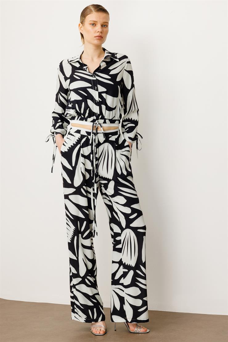 Modailgi  Beli Lastikli Şerit Detaylı Bağlamalı Bol Pantolon - 10065 Siyah