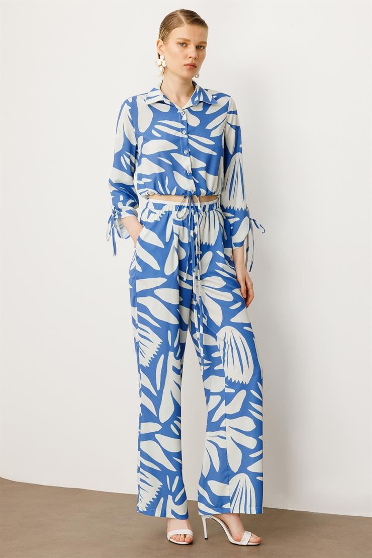 Modailgi  Beli Lastikli Şerit Detaylı Bağlamalı Bol Pantolon - 10065 İndigo