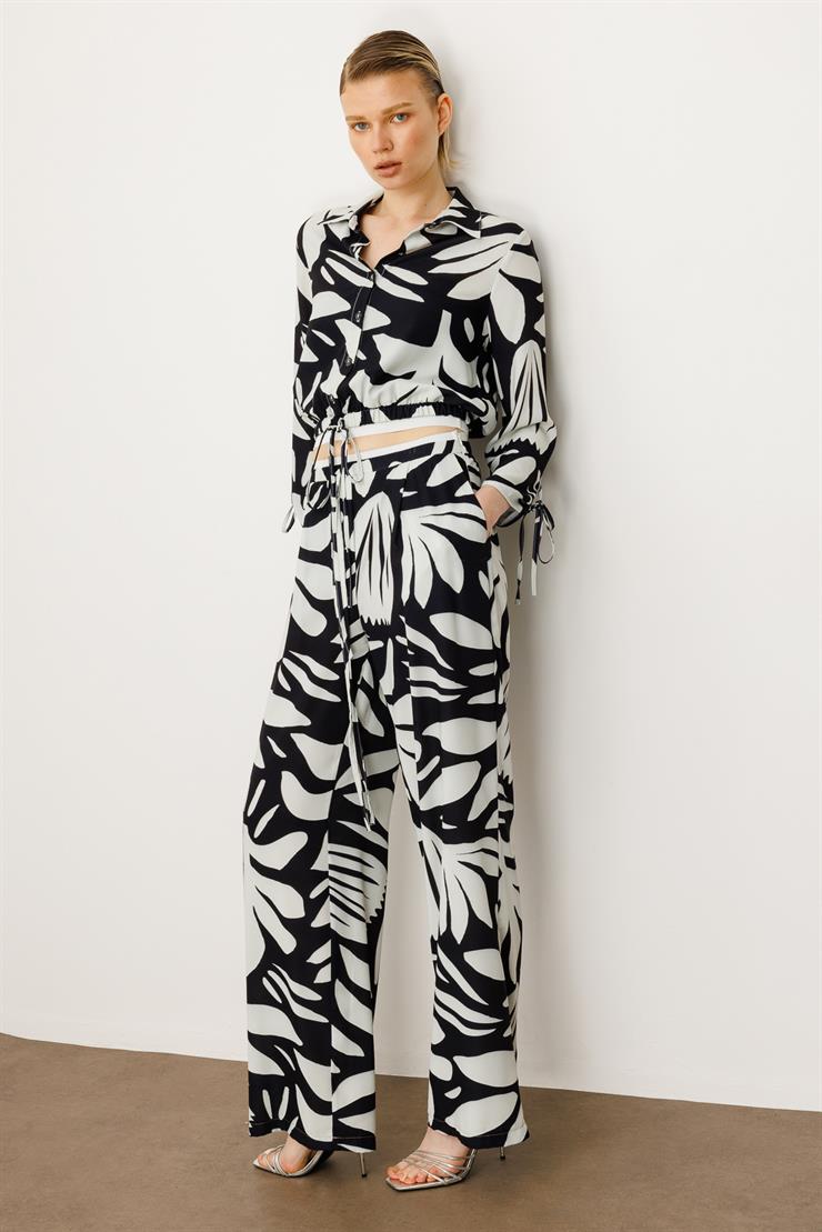 Modailgi  Beli Lastikli Şerit Detaylı Bağlamalı Bol Pantolon - 10065 Siyah