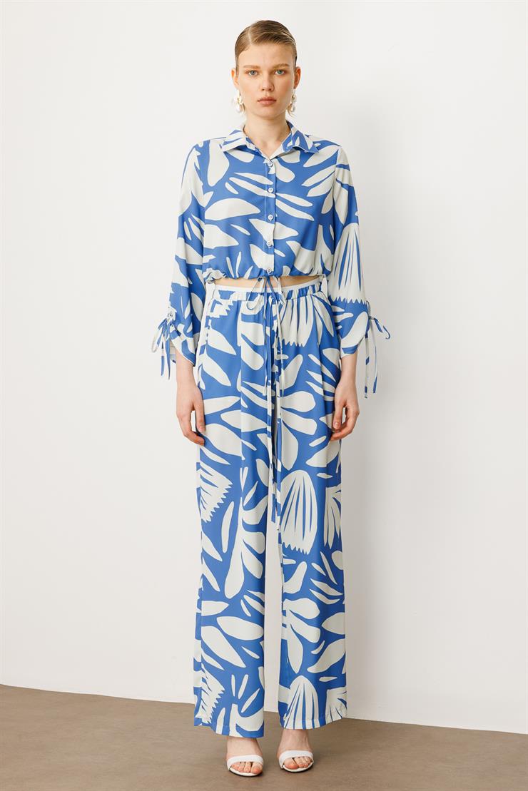 Modailgi  Beli Lastikli Şerit Detaylı Bağlamalı Bol Pantolon - 10065 İndigo