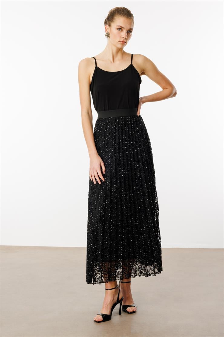 Modailgi  Beli Lastikli Taşlı Dantelli Plisoley Etek - 15077 Siyah