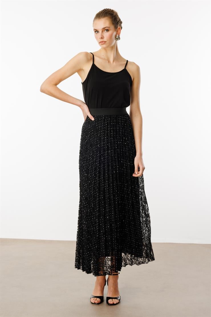 Modailgi  Beli Lastikli Taşlı Dantelli Plisoley Etek - 15077 Siyah