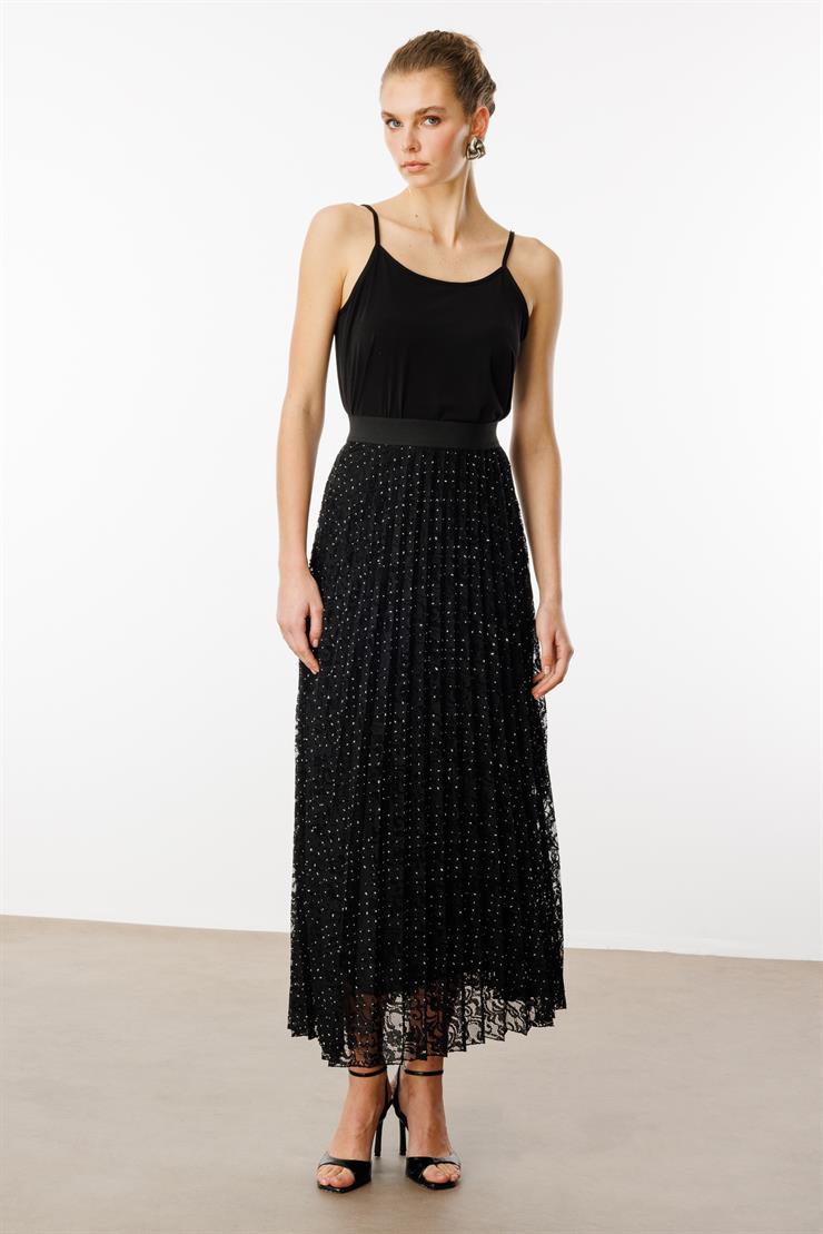 Modailgi  Beli Lastikli Taşlı Dantelli Plisoley Etek - 15077 Siyah