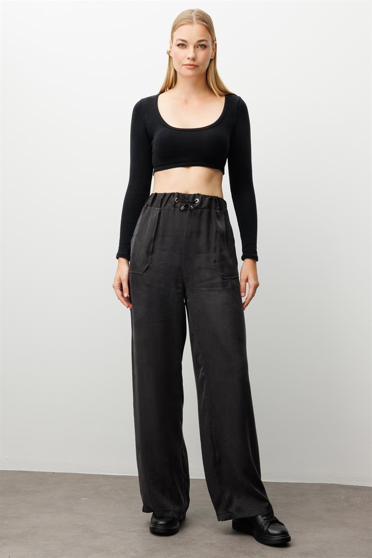 Modailgi  Beli Lastikli Torba Cepli Yüksek Bel Pantolon - 15039 Siyah