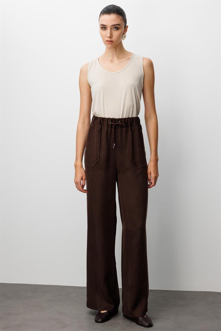 Modailgi  Beli Lastikli Torba Cepli Yüksek Bel Pantolon - 15039 Kahve