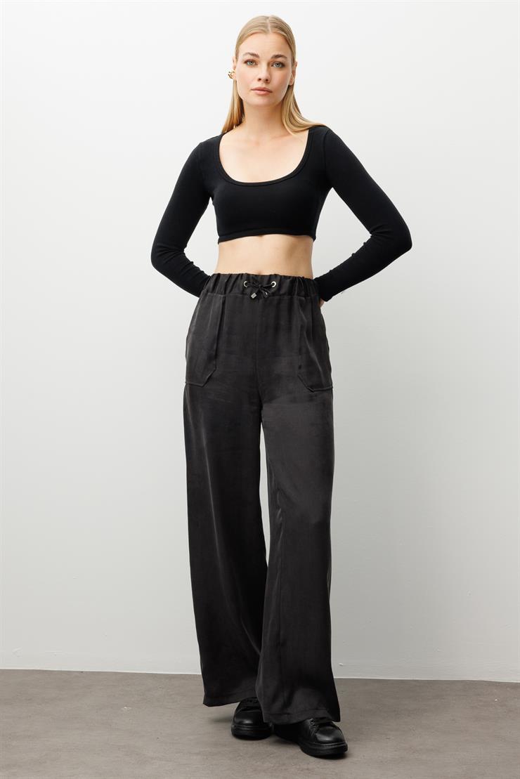 Modailgi  Beli Lastikli Torba Cepli Yüksek Bel Pantolon - 15039 Siyah