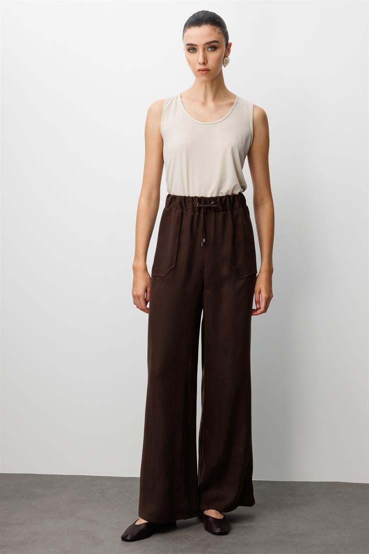 Modailgi  Beli Lastikli Torba Cepli Yüksek Bel Pantolon - 15039 Kahve