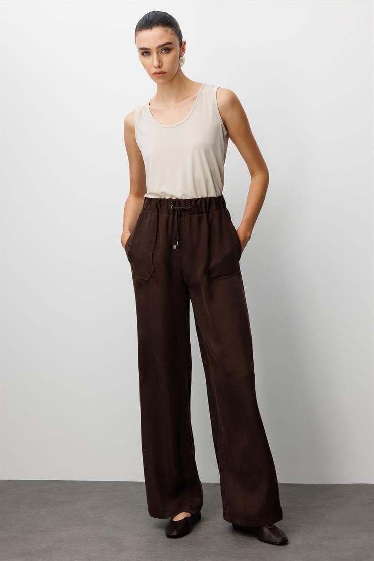 Modailgi  Beli Lastikli Torba Cepli Yüksek Bel Pantolon - 15039 Kahve