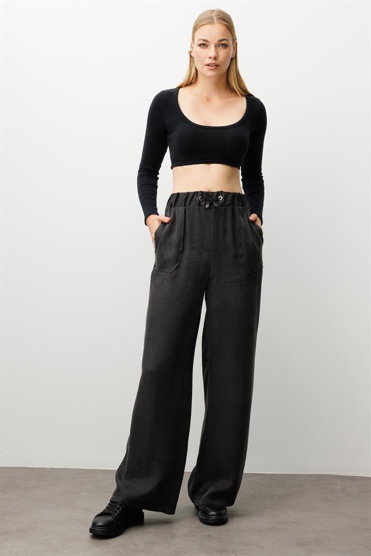 Modailgi  Beli Lastikli Torba Cepli Yüksek Bel Pantolon - 15039 Siyah