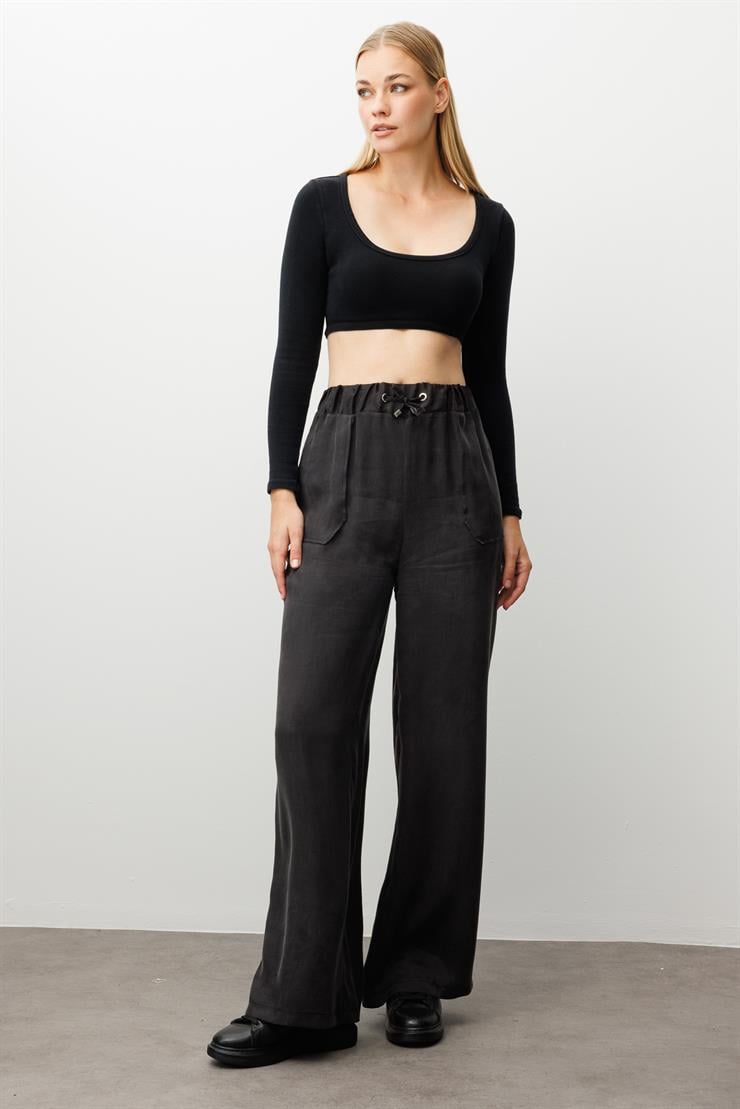 Modailgi  Beli Lastikli Torba Cepli Yüksek Bel Pantolon - 15039 Siyah