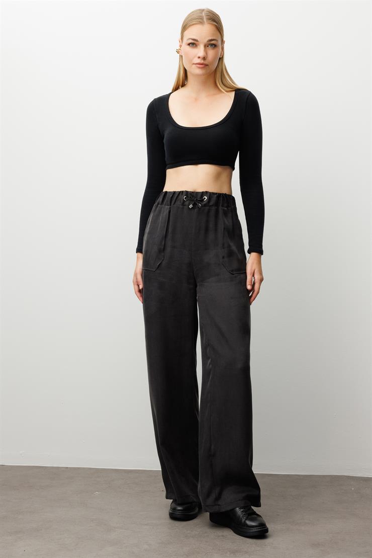 Modailgi  Beli Lastikli Torba Cepli Yüksek Bel Pantolon - 15039 Siyah