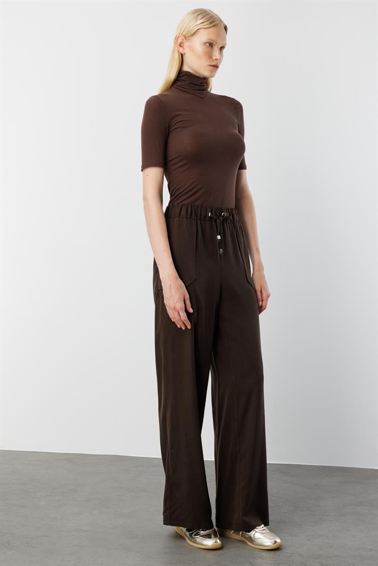 Modailgi  Beli Lastikli Tünel Bağcık Detaylı Torba Cepli Pantolon - 15042 Kahve