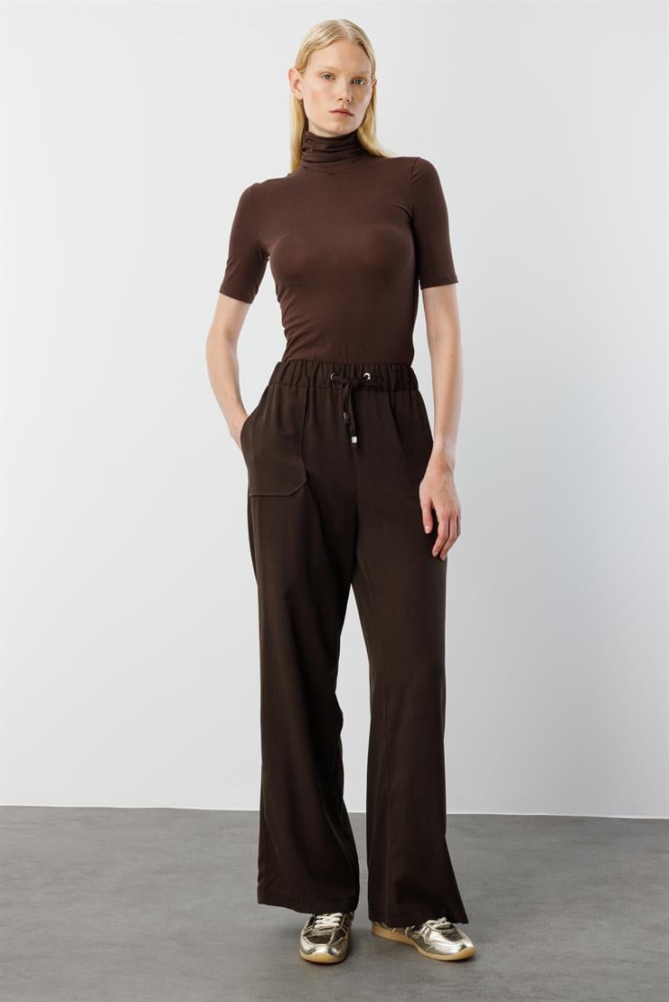 Modailgi  Beli Lastikli Tünel Bağcık Detaylı Torba Cepli Pantolon - 15042 Kahve