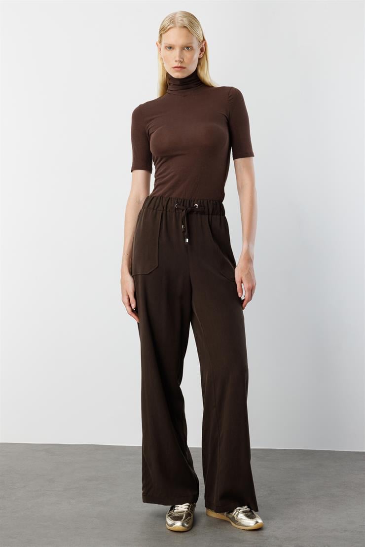 Modailgi  Beli Lastikli Tünel Bağcık Detaylı Torba Cepli Pantolon - 15042 Kahve