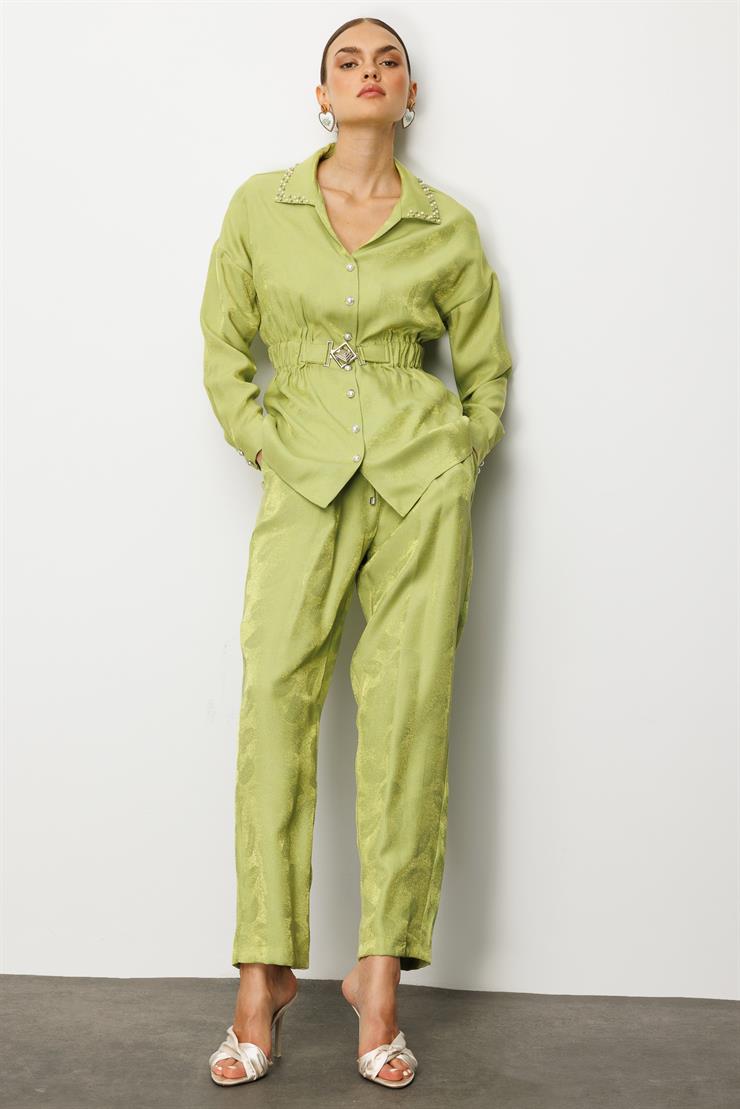 Modailgi  Beli Lastikli ve Toka Detaylı Yakası İnci İşlemeli Tunik Yeşil