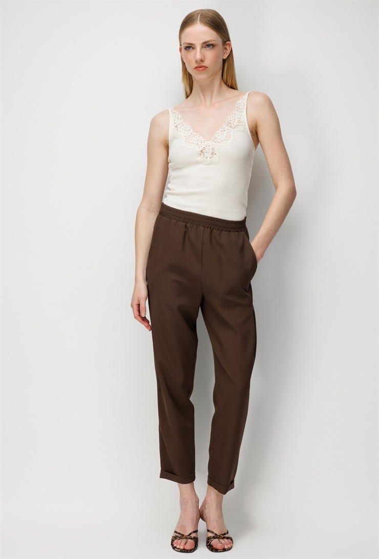 Modailgi  Beli Lastikli Yan Cep Pantolon Kahve
