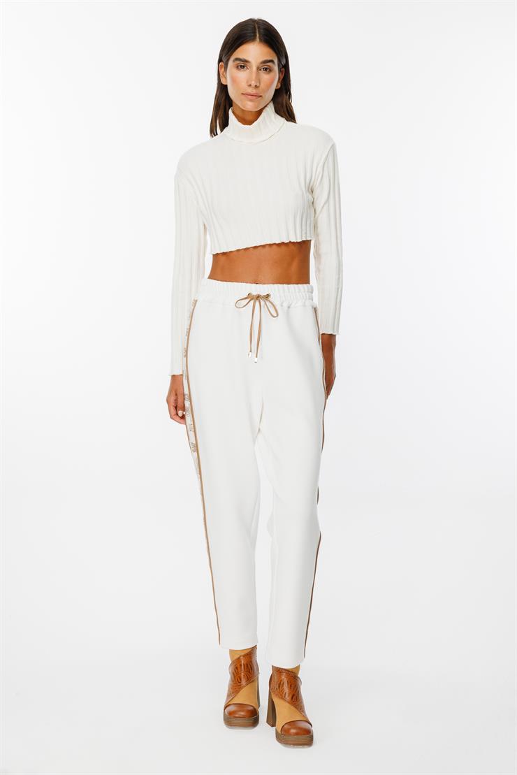 Modailgi  Beli Lastikli Yandan Bantlı Örme Pantolon - 1562,1563,1564 Ekru