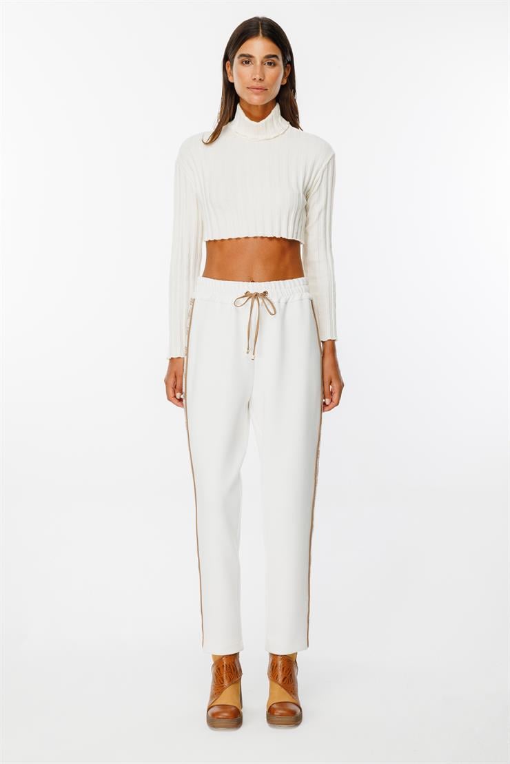Modailgi  Beli Lastikli Yandan Bantlı Örme Pantolon - 1562,1563,1564 Ekru
