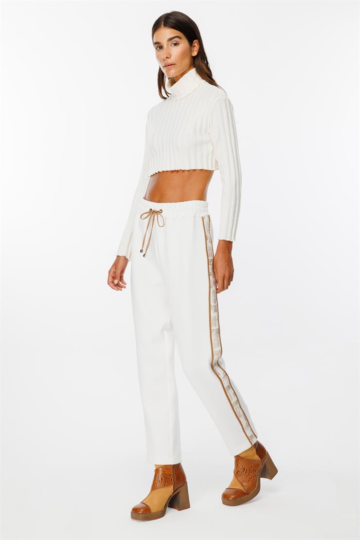Modailgi  Beli Lastikli Yandan Bantlı Örme Pantolon - 1562,1563,1564 Ekru
