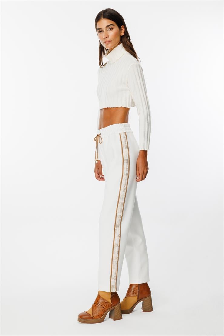 Modailgi  Beli Lastikli Yandan Bantlı Örme Pantolon - 1562,1563,1564 Ekru