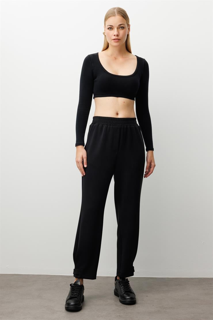 Modailgi  Beli Lastikli Yandan Cepli Paçası Apolet Ve Pile Detaylı Örme Pantolon - 15064 Siyah