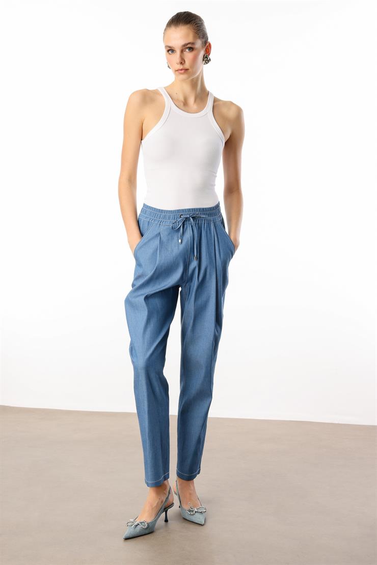 Modailgi  Beli Lastikli Yandan Cepli Pantolon - 15003 Mavi