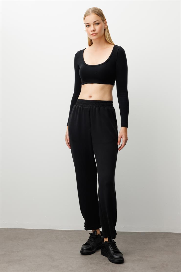 Modailgi  Beli Lastikli Yandan Cepli Paçası Apolet Ve Pile Detaylı Örme Pantolon - 15064 Siyah