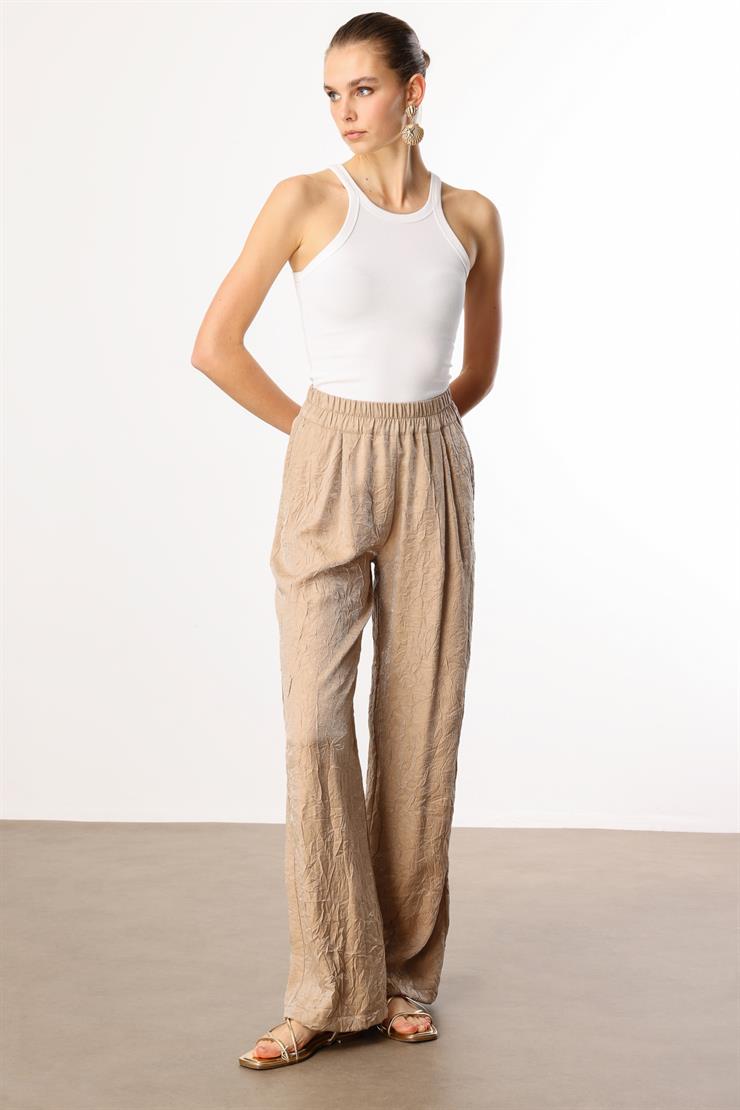 Modailgi  Beli Lastikli Yandan Cepli Pile Detaylı Pantolon - 15052 Camel