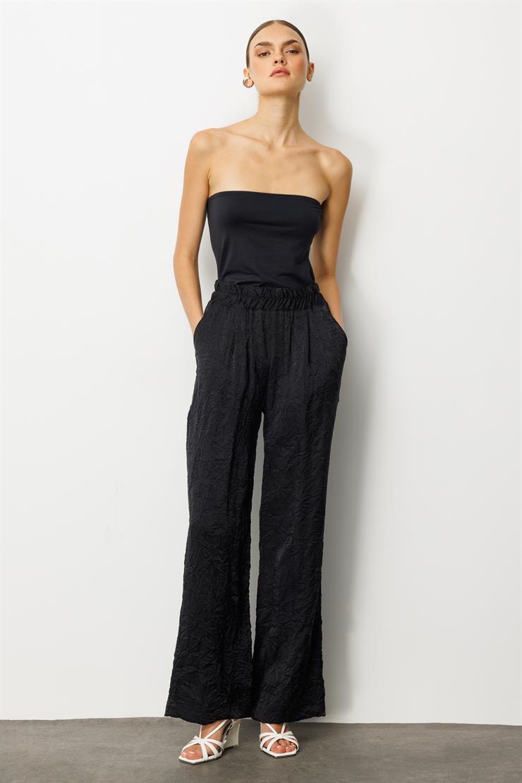 Modailgi  Beli Lastikli Yandan Cepli Pile Detaylı Pantolon - 15052 Siyah