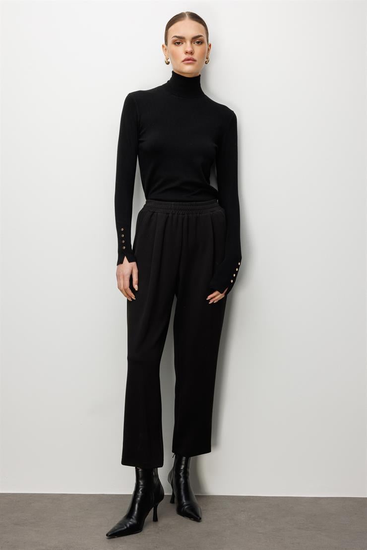 Modailgi  Beli Lastikli Yandan Cepli Pile Detaylı Örme Pantolon - 15051 Siyah