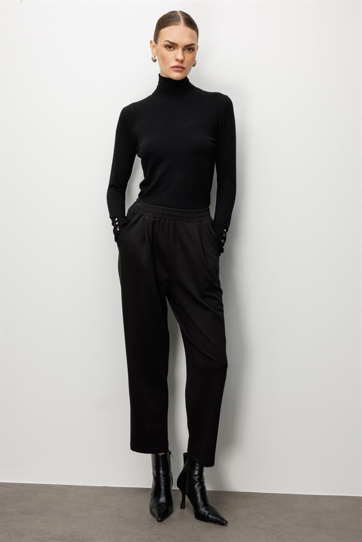 Modailgi  Beli Lastikli Yandan Cepli Pile Detaylı Örme Pantolon - 15051 Siyah