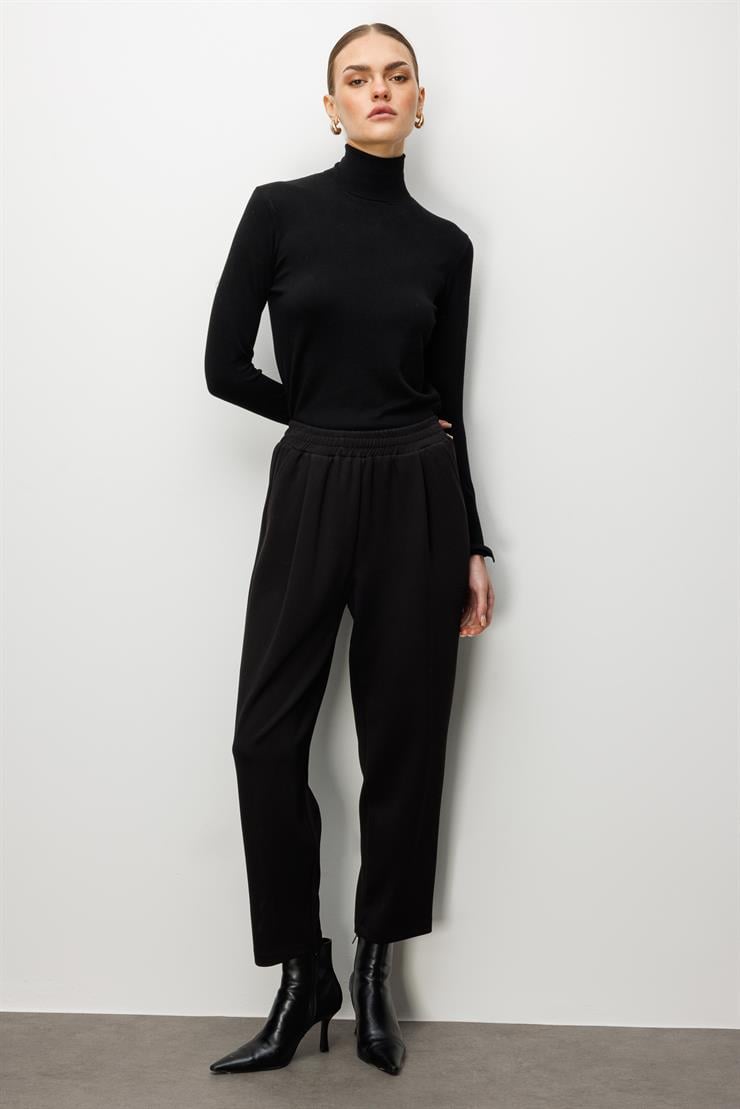 Modailgi  Beli Lastikli Yandan Cepli Pile Detaylı Örme Pantolon - 15051 Siyah