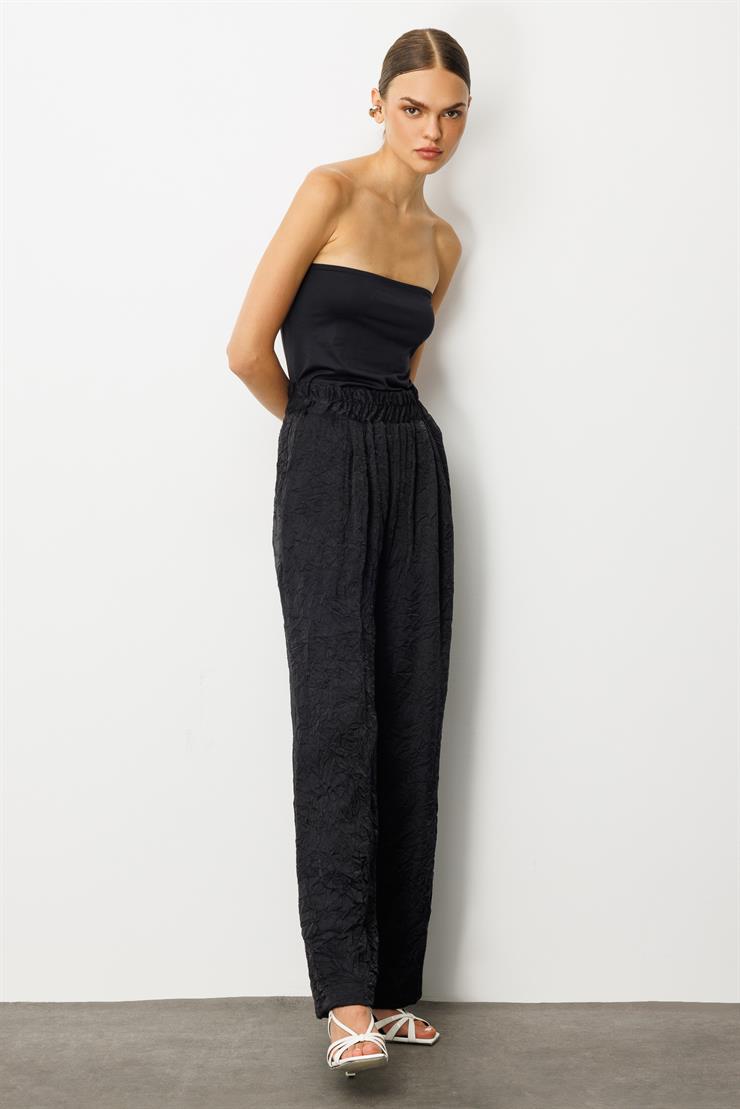 Modailgi  Beli Lastikli Yandan Cepli Pile Detaylı Pantolon - 15052 Siyah