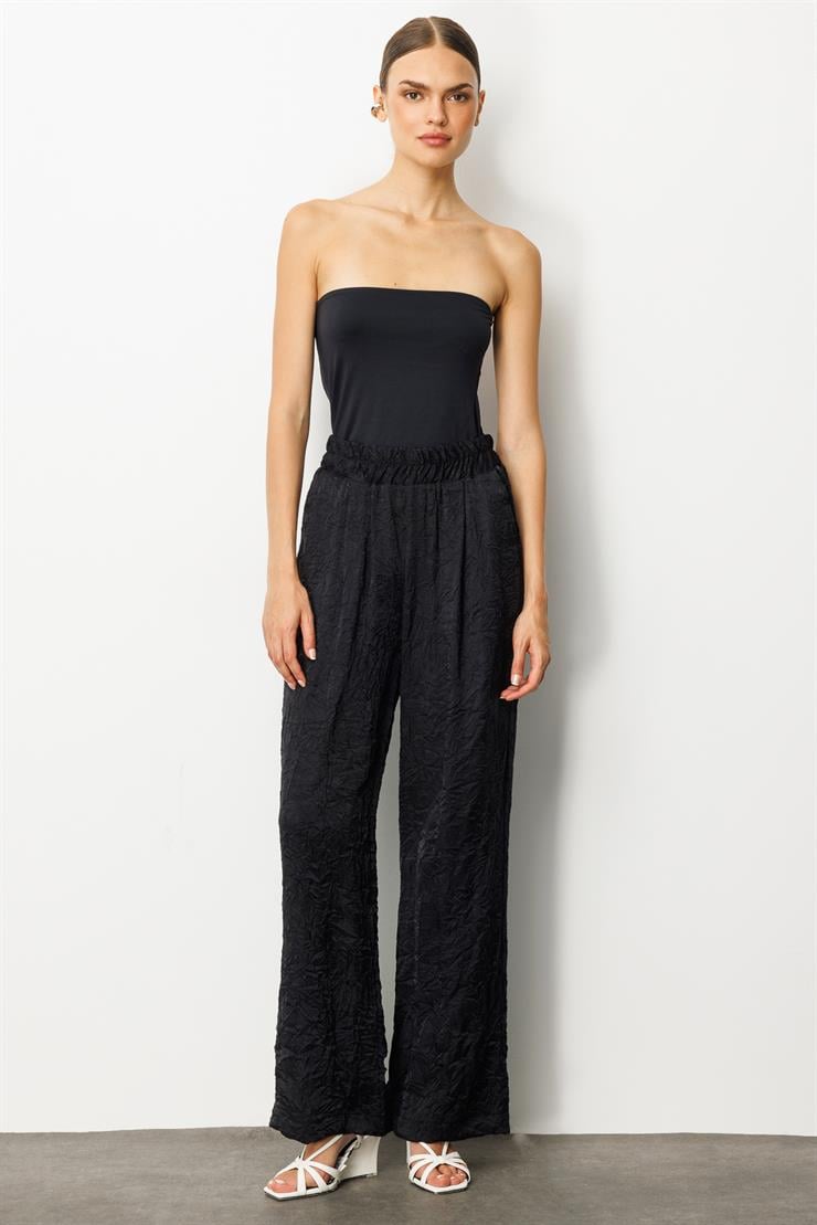 Modailgi  Beli Lastikli Yandan Cepli Pile Detaylı Pantolon - 15052 Siyah