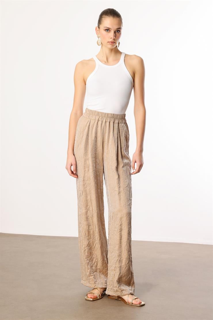 Modailgi  Beli Lastikli Yandan Cepli Pile Detaylı Pantolon - 15052 Camel