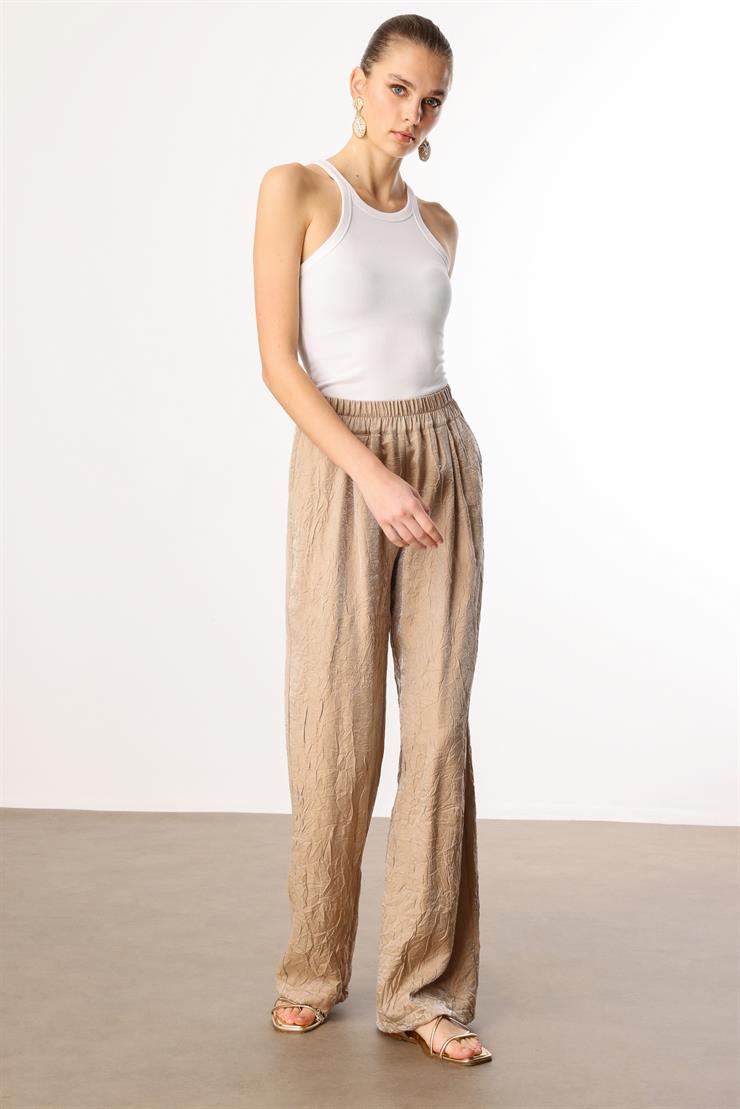Modailgi  Beli Lastikli Yandan Cepli Pile Detaylı Pantolon - 15052 Camel