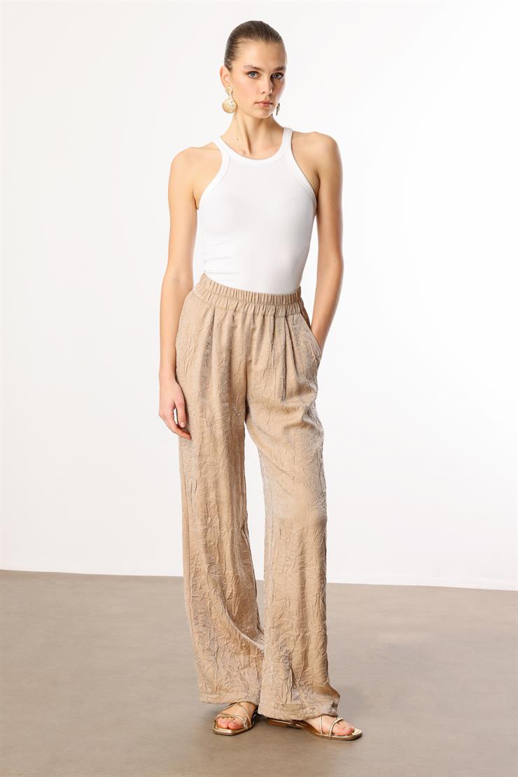 Modailgi  Beli Lastikli Yandan Cepli Pile Detaylı Pantolon - 15052 Camel