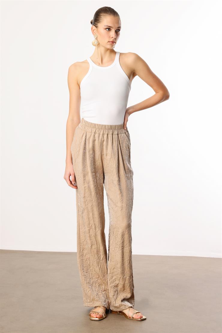 Modailgi  Beli Lastikli Yandan Cepli Pile Detaylı Pantolon - 15052 Camel