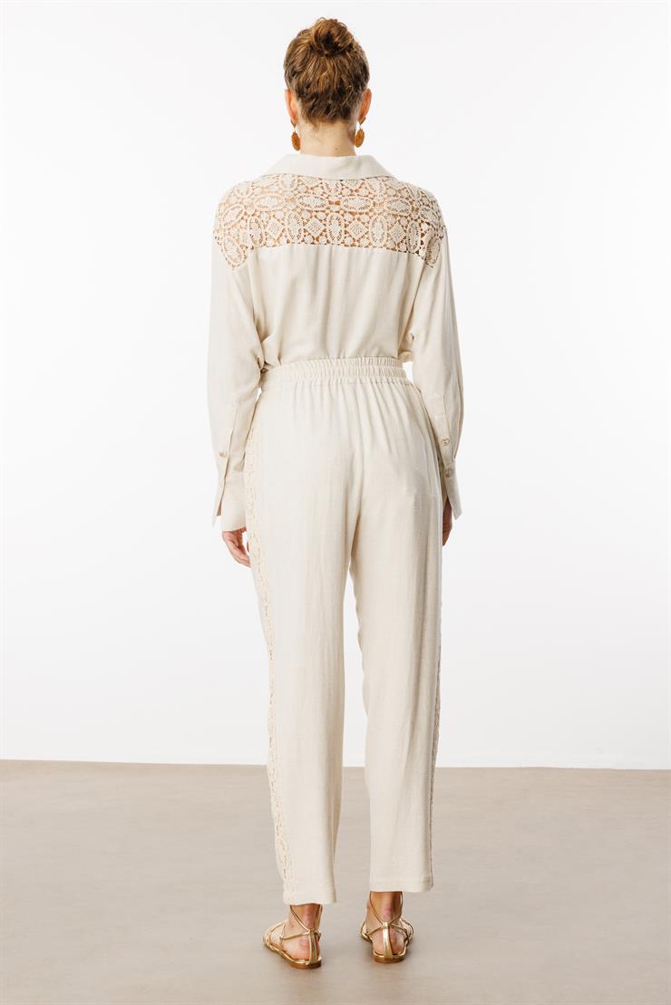 Modailgi  Beli Lastikli Yanları Güpür Kumaş Bant Detaylı Pantolon Orijinal