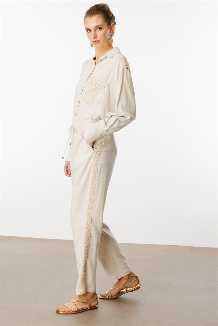 Modailgi  Beli Lastikli Yanları Güpür Kumaş Bant Detaylı Pantolon Orijinal