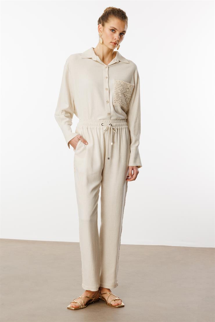 Modailgi  Beli Lastikli Yanları Güpür Kumaş Bant Detaylı Pantolon Orijinal